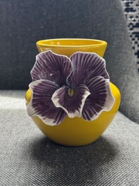 Anthropologie Yellow Ceramic Vase with Purple Floral Accent